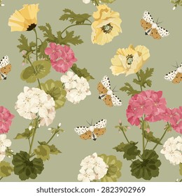 Seamless vector illustration featuring poppies, pelargonium flowers and butterflies. Suitable for use in textiles, packaging, and paper.
