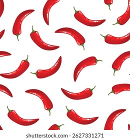 Seamless vector illustration featuring red chili peppers on a white background. Perfect for culinary designs, food packaging, or spicy-themed projects. Vibrant and eye-catching.