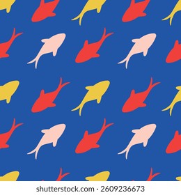 Seamless vector illustration featuring a repeating pattern of colorful shark silhouettes on a vibrant blue background. Perfect for creative textile, wallpaper, and graphic design projects