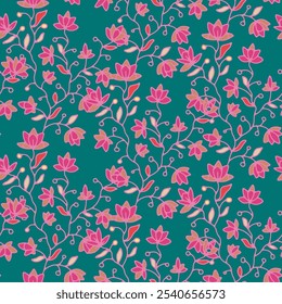 A seamless vector illustration featuring vibrant pink floral vines against a rich teal background. This intricate design is ideal for fabric, wallpaper, and decorative print projects.