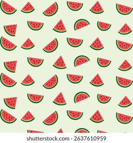 Seamless vector illustration featuring vibrant watermelon slices on a transparent background. Clean, bold flat design with rich red pulp, green rind, and visible seeds.