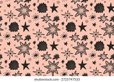 Seamless vector illustration featuring a whimsical star pattern. Includes varying star shapes, textures, and celestial elements, creating a playful and dreamy atmosphere.