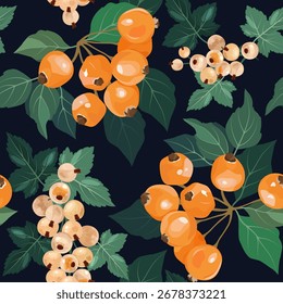 Seamless vector illustration featuring wild apples and white currants on a black background. Perfect for decorating textiles and packaging.