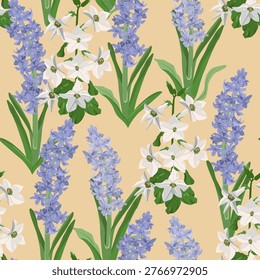 Seamless vector illustration featuring wildflowers against a beige background, perfect for decorating textiles and packaging.