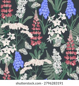 Seamless vector illustration featuring wildflowers and butterflies against a black background, perfect for decorating textiles and packaging.