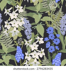 Seamless vector illustration featuring wildflowers against a black background, perfect for decorating textiles and packaging.