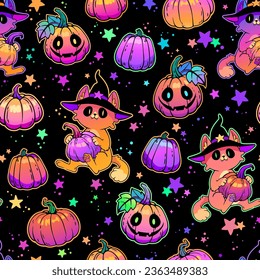 Seamless vector illustration of festive Halloween cats with pumpkins