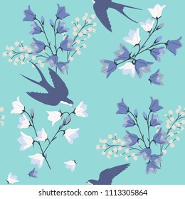 Seamless vector illustration with field bells and swallows. For decoration of textiles, packaging and web design.