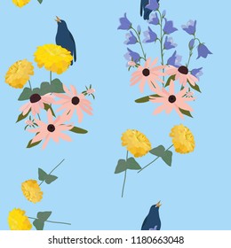 Seamless vector illustration with field bells, rudbeckia, zinnia and starling on a blue background. For decorating textiles, packaging, covers.
