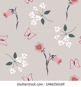 Seamless vector illustration with field bells and butterflies in pastel colors. For decoration of textiles, packaging, web design.