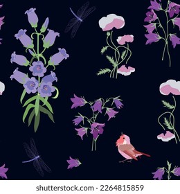Seamless vector illustration with field bells, poppy, bird and dragonflies on a black background. To decorate textiles, packaging.
