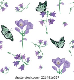 Seamless vector illustration with field bells, crocus and butterflies on a white background. To decorate textiles, packaging.