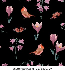Seamless vector illustration with field bells, crocus, bird and butterflies on a black background. To decorate textiles, packaging.
