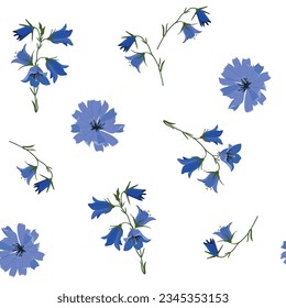 Seamless vector illustration with field bells and flowers chicory on a white background. To decorate textiles, packaging.
