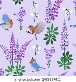 Seamless vector illustration with field bells, lupines, lavender and birds. To decorate textiles, packaging.