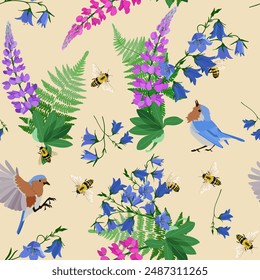 Seamless vector illustration with field bells,lupines, birds and bees on a beige background. To decorate textiles, packaging.