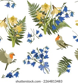Seamless vector illustration with field bells,narcissus, birds on a white background. To decorate textiles, packaging.