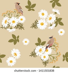 Seamless vector illustration with field chamomile and bird on a beige background. For decoration of textiles, packaging, wallpaper.