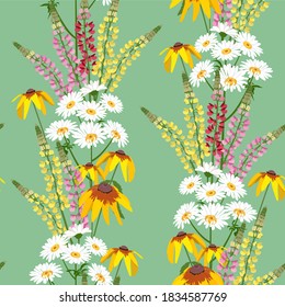 Seamless vector illustration with field chamomile, lupine and rudbeckia on a green background. For decoration of textiles, packaging, wallpaper.