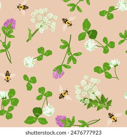 Seamless vector illustration with field clover, angelica and bees. For decorating textiles, packaging