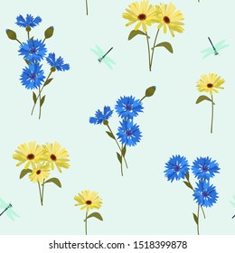 Seamless vector illustration with field cornflowers, calendula and dragonflies. For textile decoration, packaging, web design.