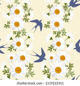 Seamless vector illustration with field daisies and swallows. For decorating textiles, packaging and wallpaper.
