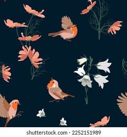 Seamless vector illustration with field flowers and birds robin on a dark background. For decorating textiles, packaging, paper.