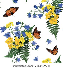 Seamless vector illustration with field flowers, campanula and butterflies on a white background. To decorate textiles, packaging.