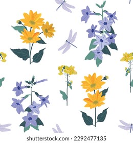 Seamless vector illustration with field flowers and dragonflies on a white background. To decorate textiles, packaging.