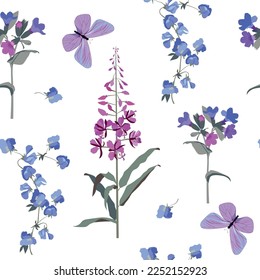Seamless vector illustration with field herbs and butterflies on a white background. For decorating textiles, packaging, paper.