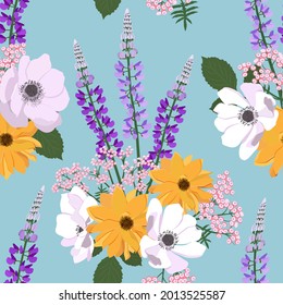 Ilustración vectorial sin foco con lupino de campo, anémona y dalia sobre un fondo azul. Para la decoración de textiles, embalajes, papel pintado.