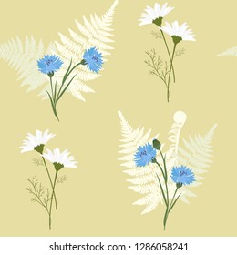 Seamless vector illustration with fields flowers and fern leaves on a beige background. For decorating textiles, packaging, web design.