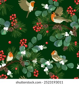 Ilustração de vetor sem costura com abeto, baga de azevinho, eucalipto e pássaros em um fundo verde. Para decorar têxteis, embalar produtos de ano novo.