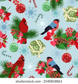 Seamless vector illustration with fir tree, Christmas balls, gifts and birds on a blue background. For decorating textiles, packaging, for new year products.