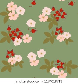 Seamless vector illustration with flowers and berry of wild rose on a green background. For decorating textiles, packaging, covers.
