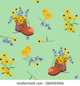 Seamless vector illustration with flowers in a boot and chick on a green background. For decorating textiles, packaging, covers.