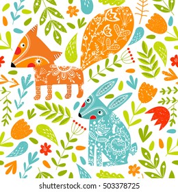 Seamless vector illustration with flowers and cartoon animals. The fox, hare. Ornaments, ornaments, decorative. Multicolored patterns. Forest. eps 10