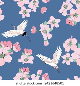 Ilustración vectorial sin foco con flores cereza y bellas grúas en un fondo azul. Para la decoración de textiles, embalajes, papel pintado.