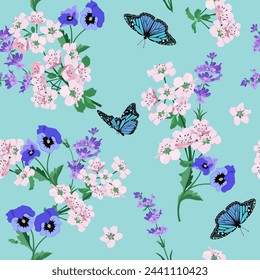 Seamless vector illustration with flowers cherry, pansies, lavender and beautiful butterflies on a turquoise background. For decoration of textiles, packaging, wallpaper.