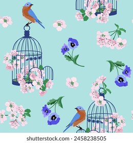 Seamless vector illustration with flowers cherry, pansies, cage and birds on a turquoise background. For decoration of textiles, packaging, wallpaper.