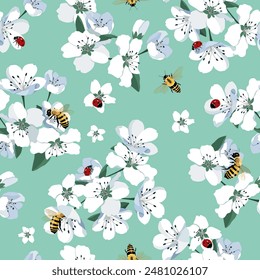 Seamless vector illustration with flowers cherry, ladybugs and bees on a turquoise background. For decoration of textiles, packaging, wallpaper.