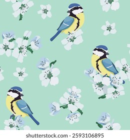 Seamless vector illustration with flowers cherry and tits on a turquoise background. For decoration of textiles, packaging, wallpaper.