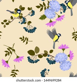 Seamless vector illustration with flowers of chrysanthemum,berries and birds on a beige background. For decoration of textiles, packaging and web design.