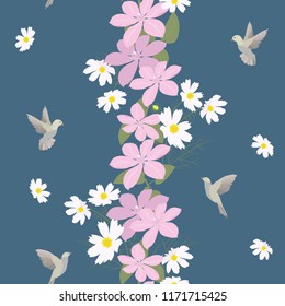 Seamless vector illustration with flowers clematis, kosmeja and birds on a dark background. For decoration of textiles, packaging, wallpaper.