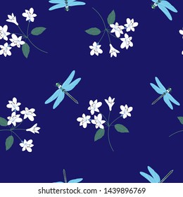 Seamless vector illustration with flowers and dragonflies on a blue background. For decoration of textiles, packaging, web design.