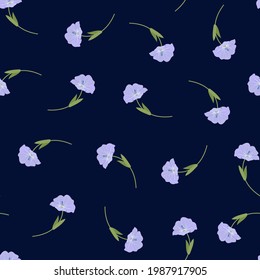 Ilustración vectorial sin foco con flores de lino en un fondo morado. Para la decoración textil, embalaje