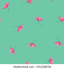 Seamless vector illustration with flowers of kosmea on turquoise background. For decorating textiles, packaging, covers.