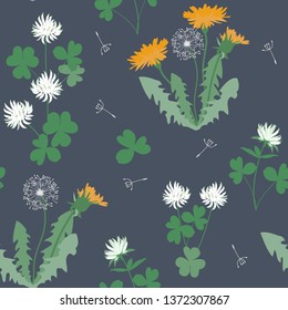 Seamless vector illustration with flowers, leaves of clover and dandelions on a dark background. For decoration of textiles, packaging, web design.