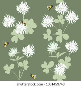 Seamless vector illustration with flowers, leaves of clover and bee on a green background. For decoration of textiles, packaging, web design.