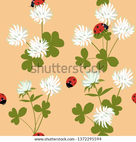 Seamless vector illustration with flowers, leaves of clover and ladybirds on a beige background. For decoration of textiles, packaging, web design.